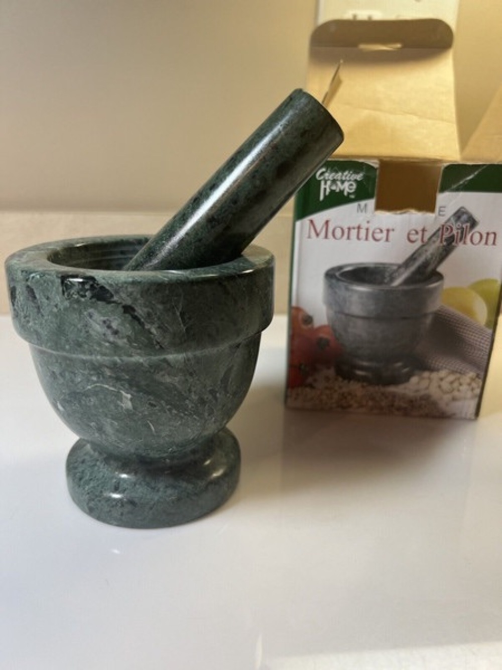 Creative Home Natural Green Marble Mortar and Pestle Set - (No Box)